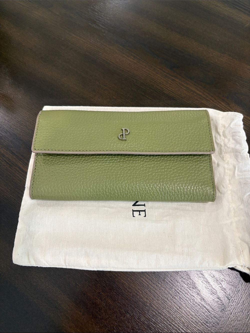 Prune Olive Green Pebbled Leather Fold-Over Wallet